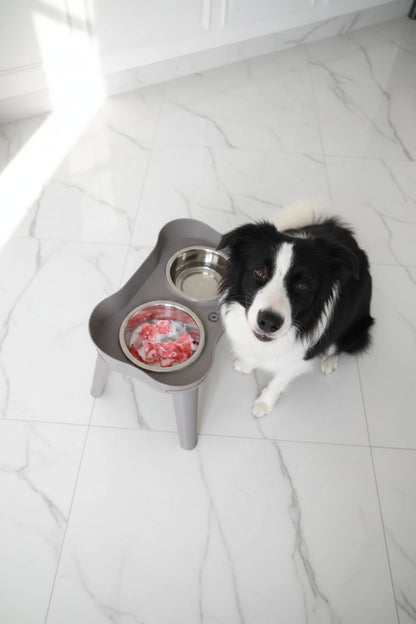 lose-up of the pull-out spill drawer on SuperDesign elevated dog feeder catching water drips