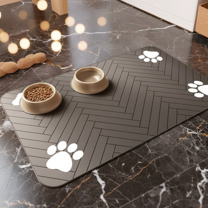  DryPaws absorbent pet feeding mat with rubber non-slip backing in grey, studio shot on white background