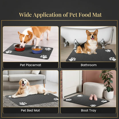 DryPaws absorbent pet feeding mat placed in modern kitchen beside pet bowls on tiled floor