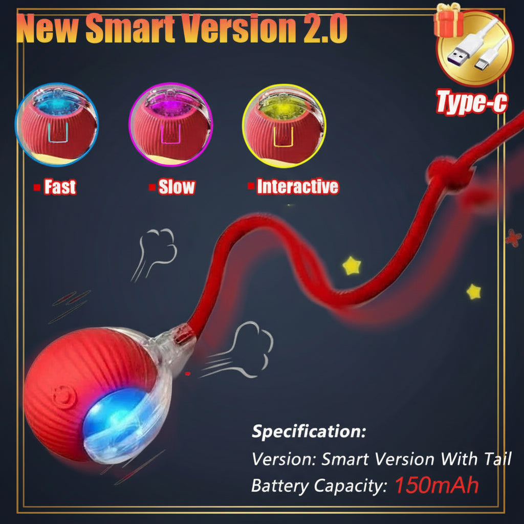 Red electronic pet toy with colorful lights and text indicating 'New Smart Version 2.0' on a white background.