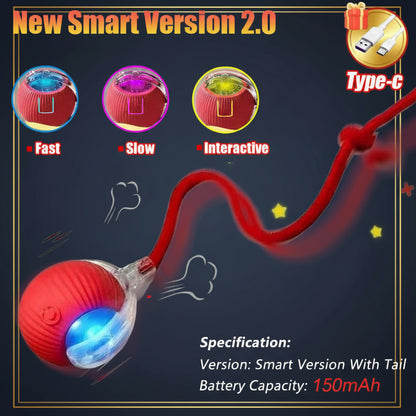 Red electronic pet toy with colorful lights and text indicating 'New Smart Version 2.0' on a white background.