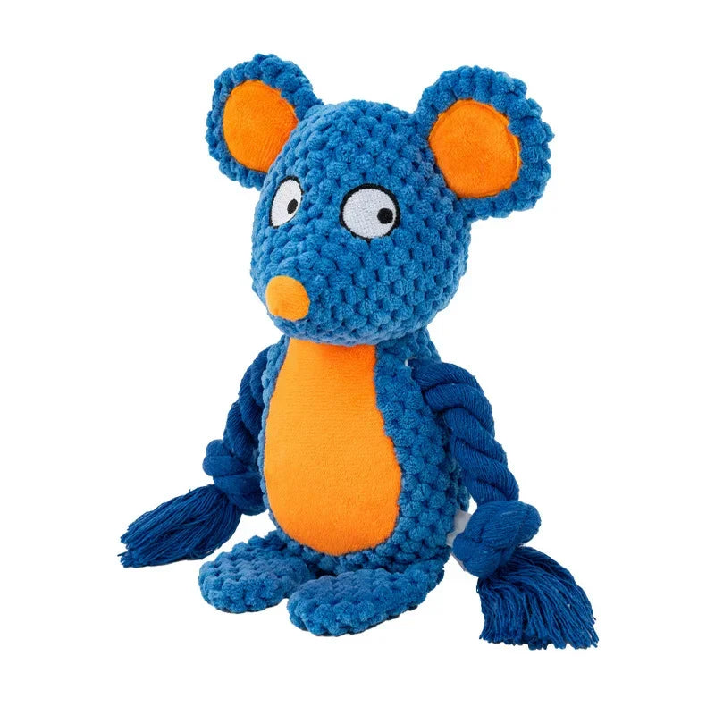 Blue and orange knitted dog toy on a white background