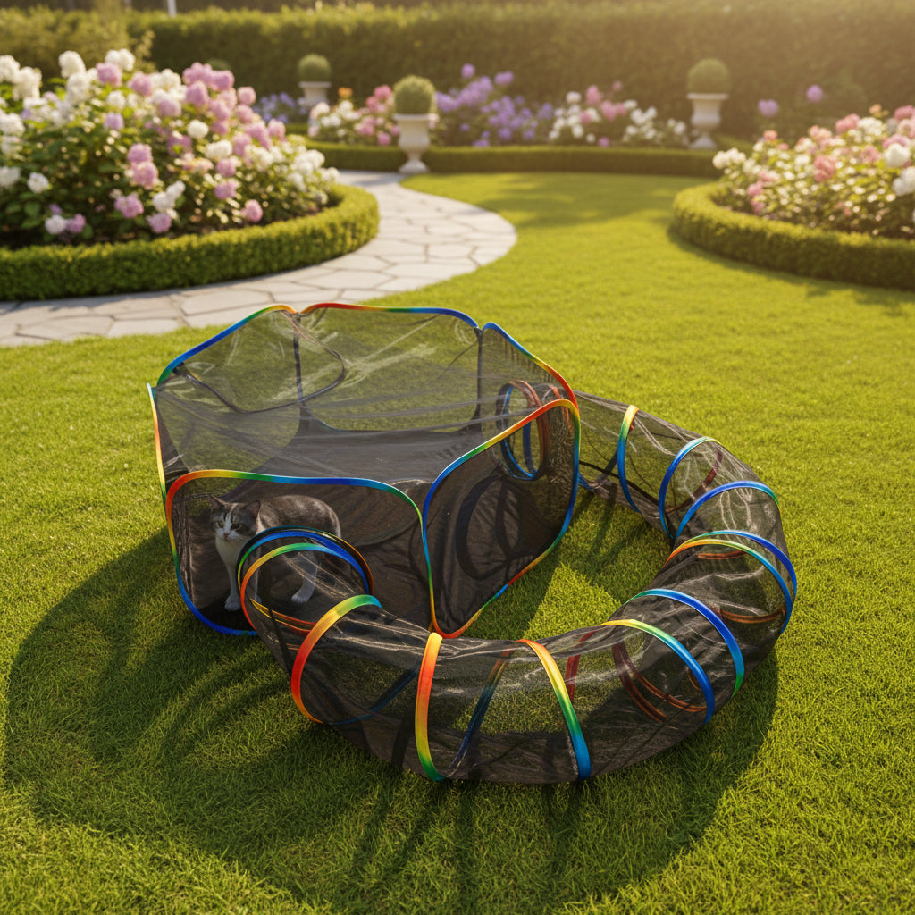 cat playing with a colorful playpen on grass in front of a house.
