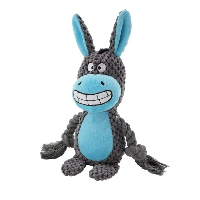 Blue and gray donkey-shaped dog  toy with rope on a white background
