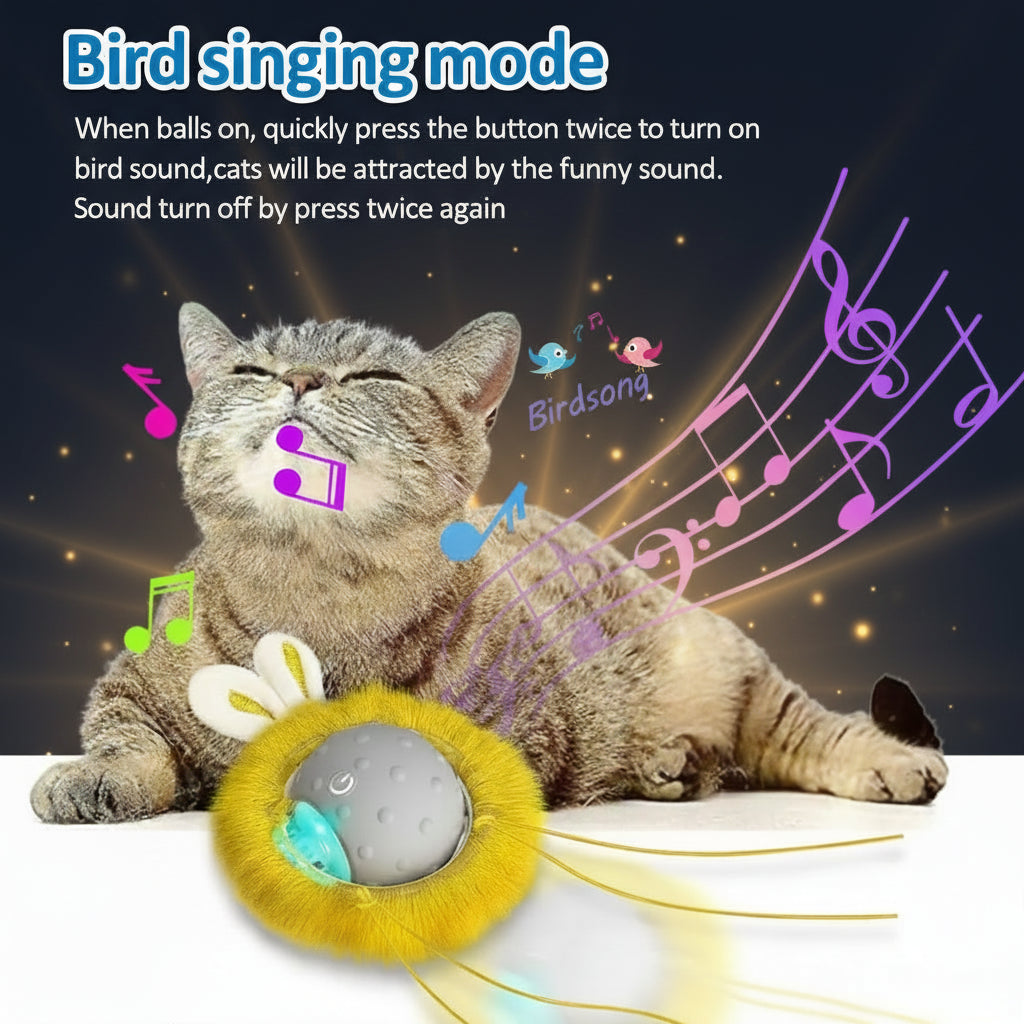 Cat playing with a bird-shaped toy with musical notes and text explaining the 'bird singing mode'.