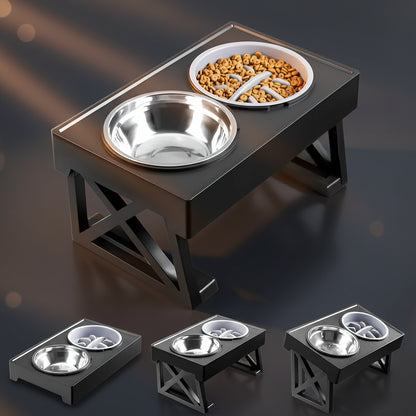 Adjustable elevated dog bowl stand at full height, with one stainless steel bowl and one maze-pattern slow-feeder bowl, small-to-medium dog mid-meal.