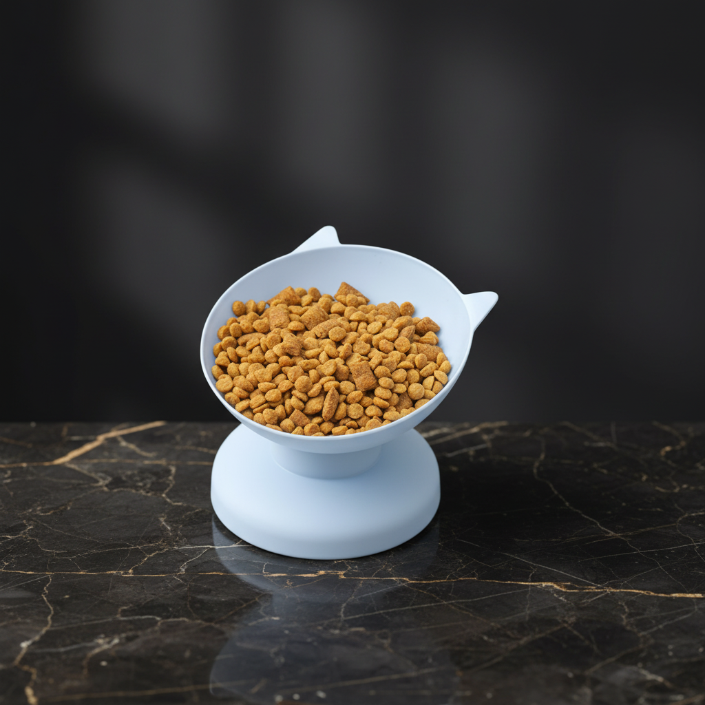 Elevated white pet bowl filled with cat food, placed on a wooden surface with a red and white checkered cloth in the background.