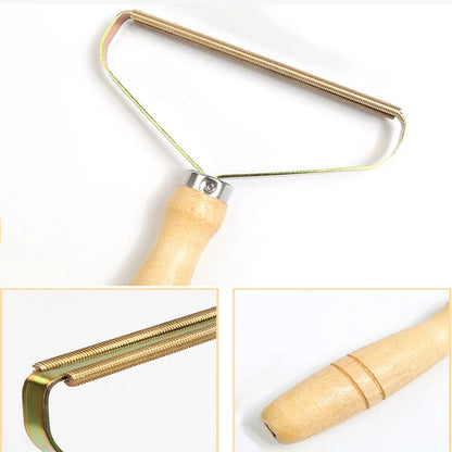 Fabric shaver annotated: 13 cm brass-coloured coil, steel side frame, turned wooden handle, no batteries needed.