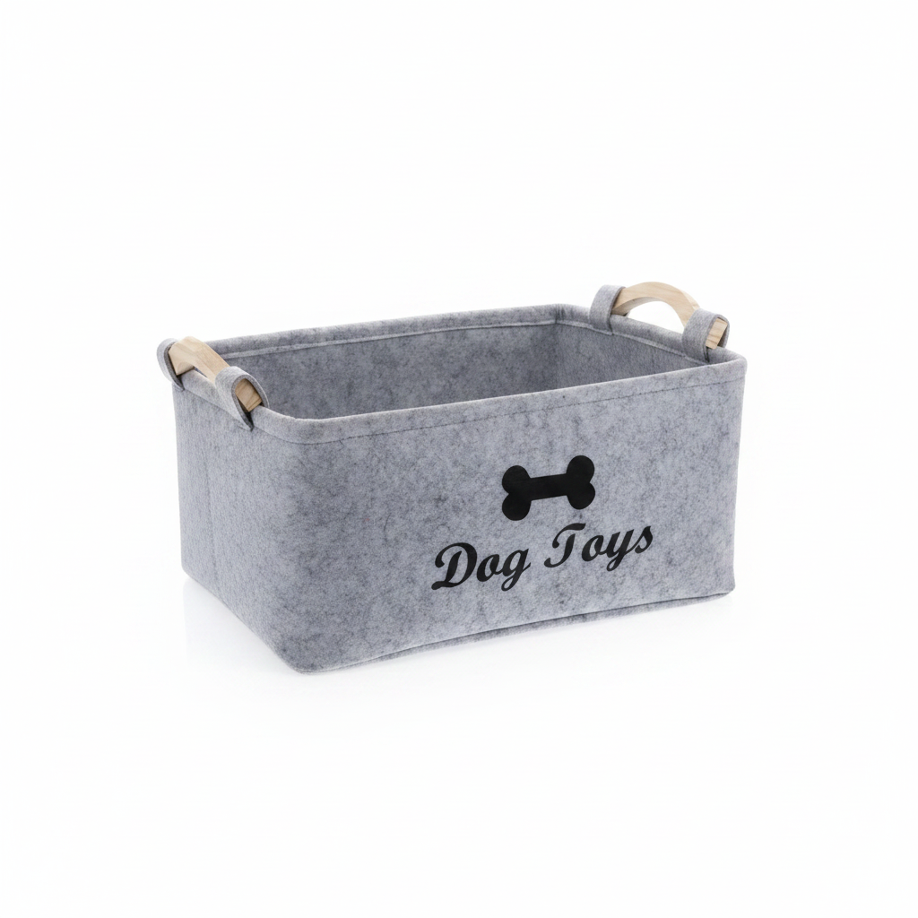 Grey felt dog toy storage box with wooden carry handles and black bone graphic on the front panel