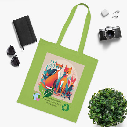 PawTote lime green tote bag, detail of cat illustration