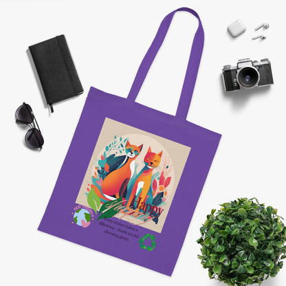 PawTote purple cat art tote bag flat lay