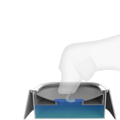 Close-up of free-floating splash disc on water surface inside anti-spill dog bowl, central drinking hole visible.