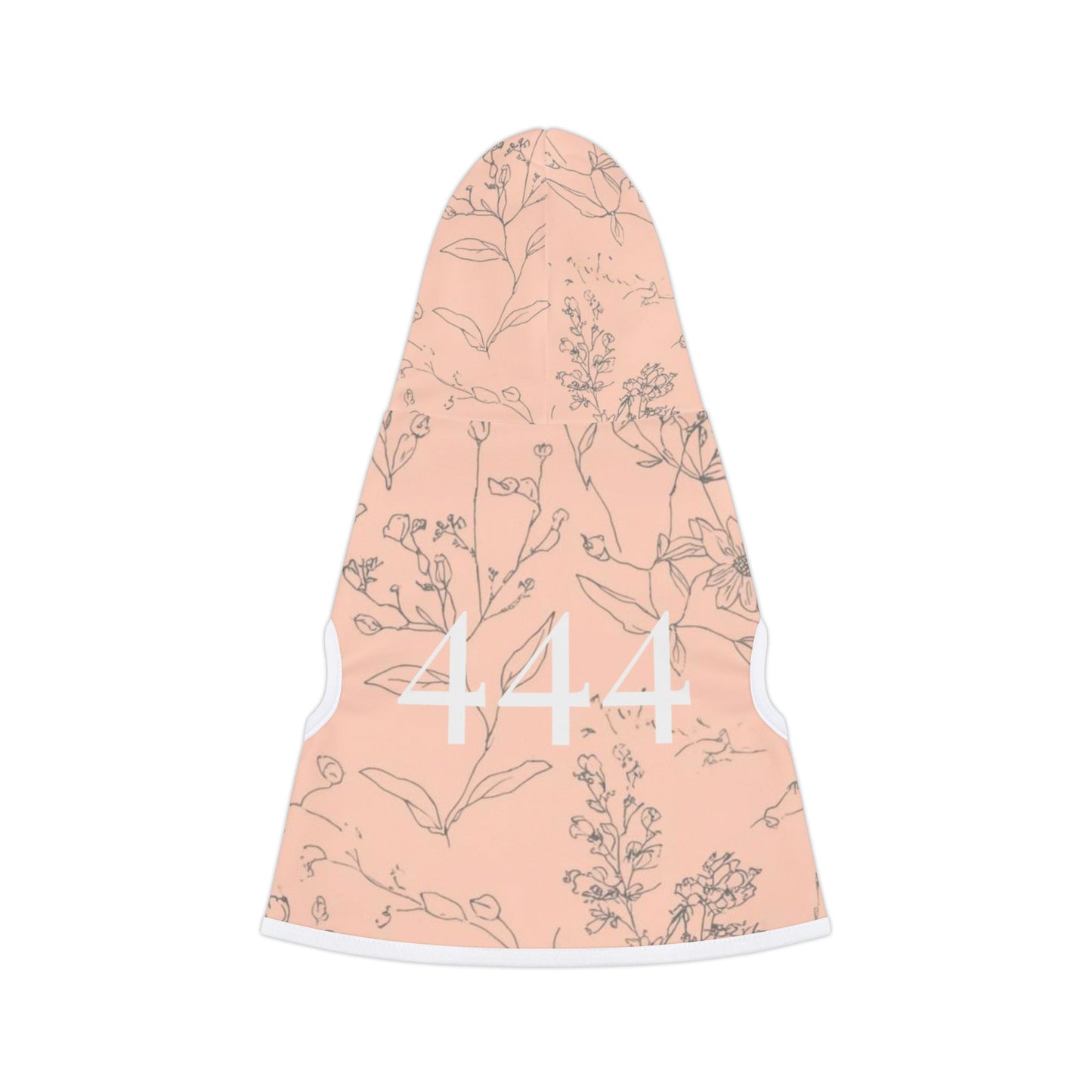 small dog wearing 444 floral alignment hoodie