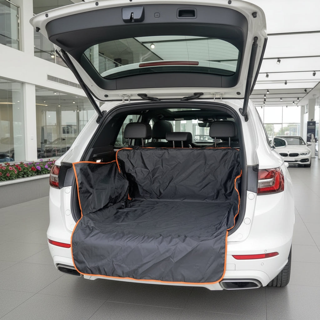 Dog car boot liner with extended bumper protector flap to prevent scratches during loading