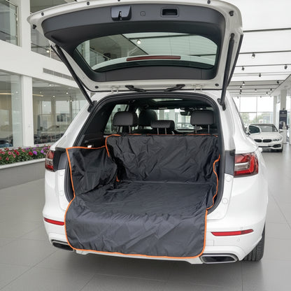 Dog car boot liner with extended bumper protector flap to prevent scratches during loading