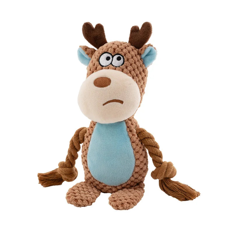 Knitted dog toy resembling a deer with brown antlers and blue body on a white background