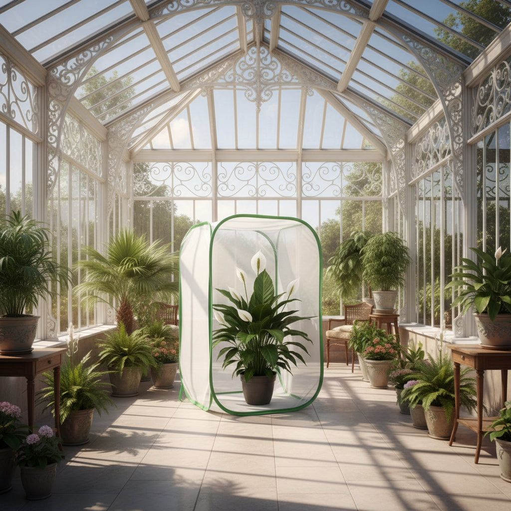 Hand watering a houseplant through the open front zip of a PawHedge mesh plant cover. 