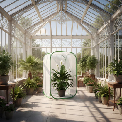 Hand watering a houseplant through the open front zip of a PawHedge mesh plant cover. 