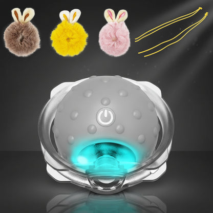 Gray electronic cat toy device with blue light and four colorful pom-pom attachments on a white background