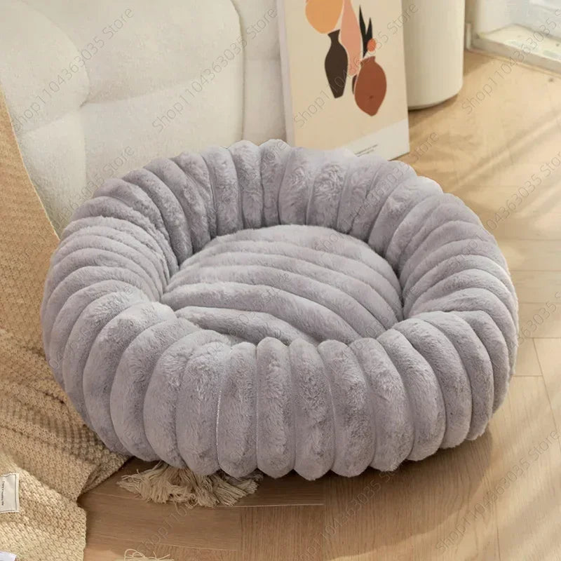  Labrador lying across grey ribbed round dog bed showing 60cm size scale