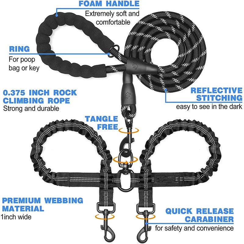 DuoWalk™ double bungee dog lead — close-up of reflective threading on black rope, day and night comparison