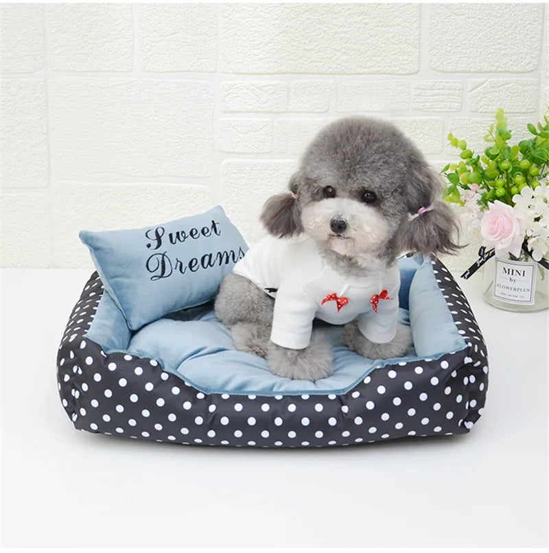 Polka Dot Plush Basket Dog Bed with Sweet Dreams Cushion, Raised Sides, 4 Colours, 3 Sizes — PoshPup DreamNook™