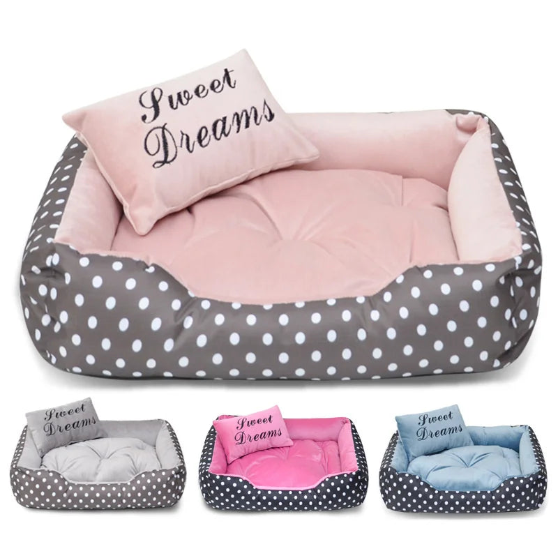 Polka dot plush basket dog bed with Sweet Dreams cushion — SniffWaggleNWalk