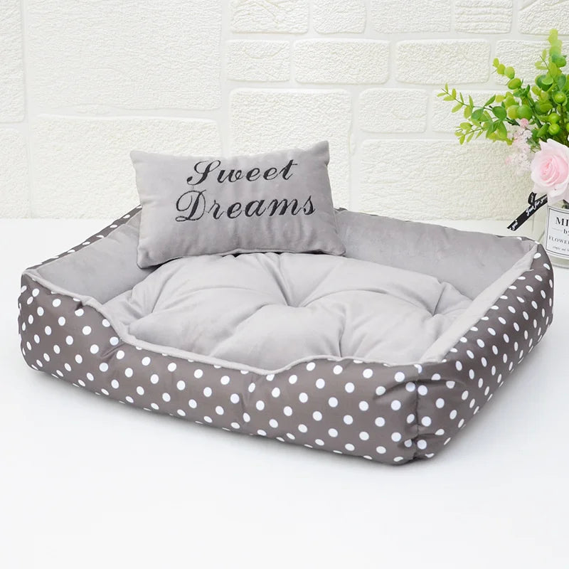 Polka Dot Plush Basket Dog Bed with Sweet Dreams Cushion, Raised Sides, 4 Colours, 3 Sizes — PoshPup DreamNook™
