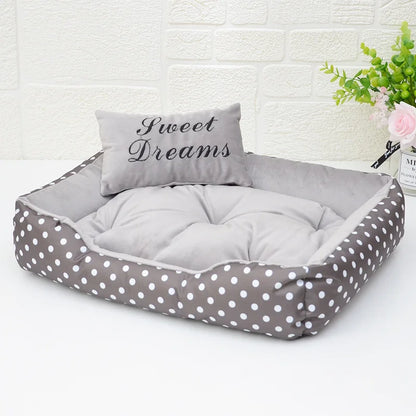 Polka Dot Plush Basket Dog Bed with Sweet Dreams Cushion, Raised Sides, 4 Colours, 3 Sizes — PoshPup DreamNook™