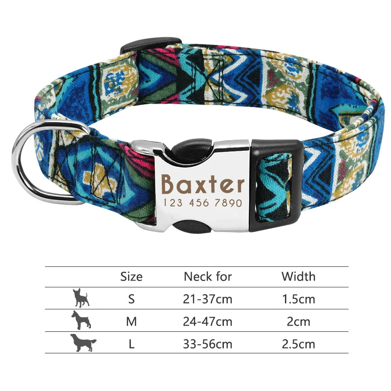 NameTag personalised dog collar teal khaki aztec pattern engraved buckle