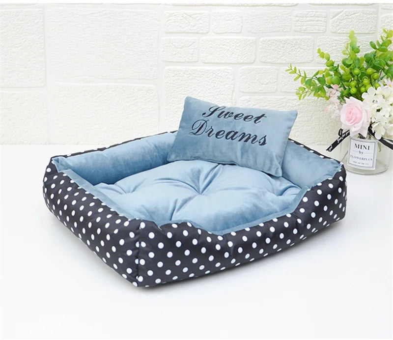 Polka Dot Plush Basket Dog Bed with Sweet Dreams Cushion, Raised Sides, 4 Colours, 3 Sizes — PoshPup DreamNook™