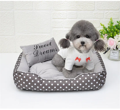 Polka Dot Plush Basket Dog Bed with Sweet Dreams Cushion, Raised Sides, 4 Colours, 3 Sizes — PoshPup DreamNook™
