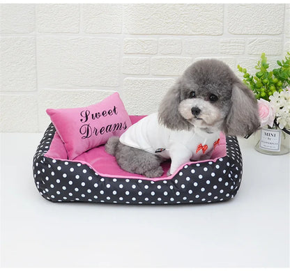 Polka Dot Plush Basket Dog Bed with Sweet Dreams Cushion, Raised Sides, 4 Colours, 3 Sizes — PoshPup DreamNook™