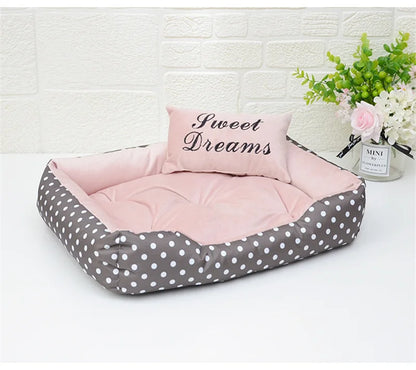 Polka Dot Plush Basket Dog Bed with Sweet Dreams Cushion, Raised Sides, 4 Colours, 3 Sizes — PoshPup DreamNook™
