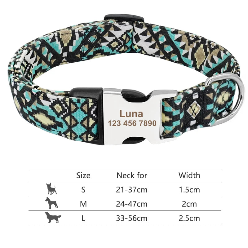 NameTag personalised engraved dog collar multicolour boho pattern lineup six variants