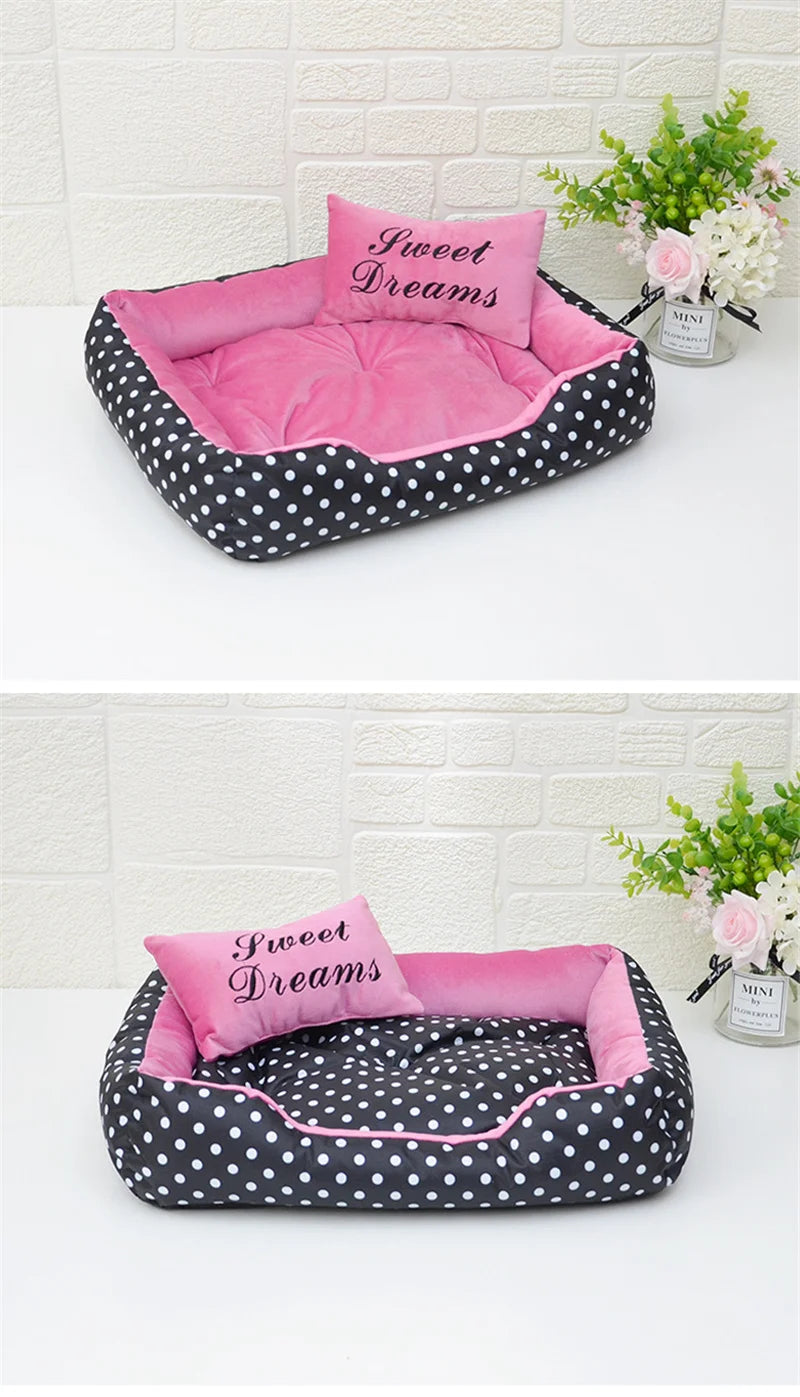Polka Dot Plush Basket Dog Bed with Sweet Dreams Cushion, Raised Sides, 4 Colours, 3 Sizes — PoshPup DreamNook™