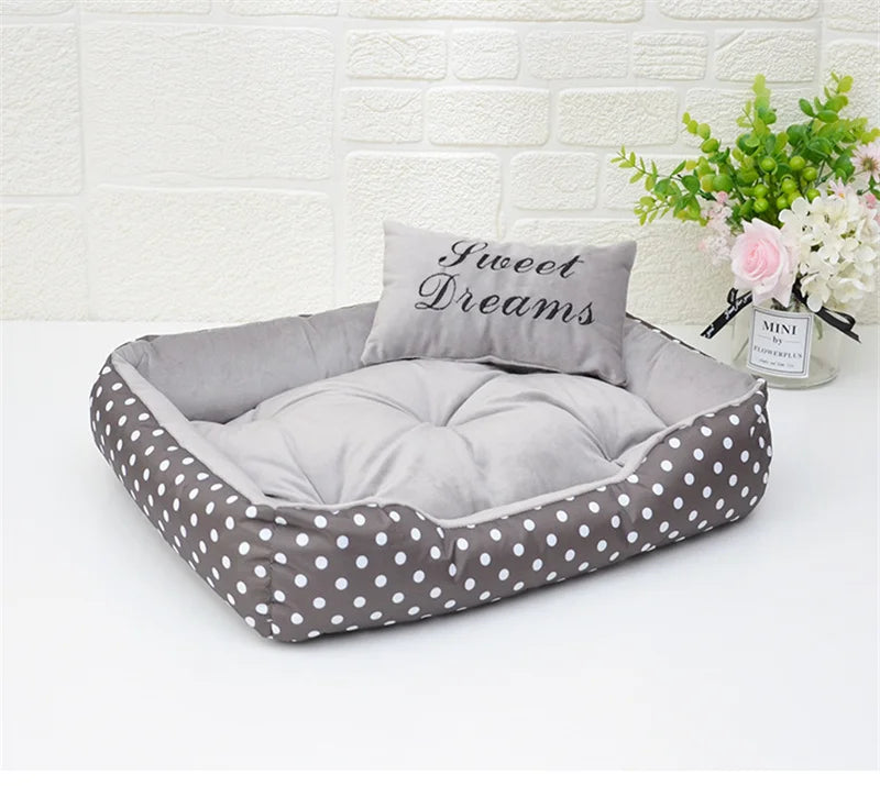 Polka Dot Plush Basket Dog Bed with Sweet Dreams Cushion, Raised Sides, 4 Colours, 3 Sizes — PoshPup DreamNook™