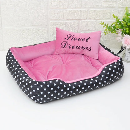 Polka Dot Plush Basket Dog Bed with Sweet Dreams Cushion, Raised Sides, 4 Colours, 3 Sizes — PoshPup DreamNook™