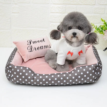 Polka dot basket dog bed with raised sides and matching plush cushion — SniffWaggleNWalk