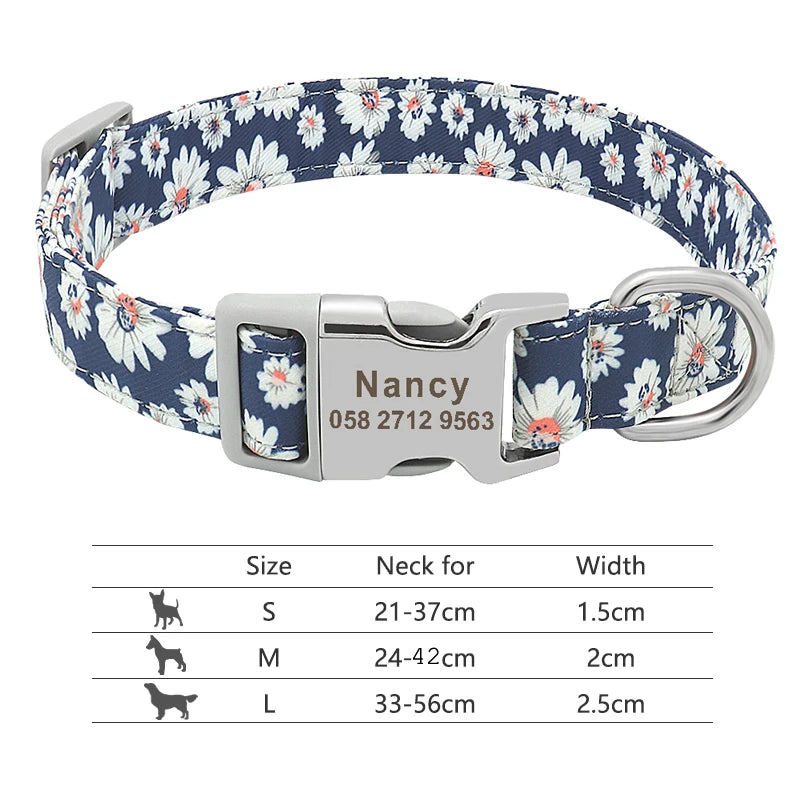 NameTag personalised engraved dog collar daisy teal floral pattern