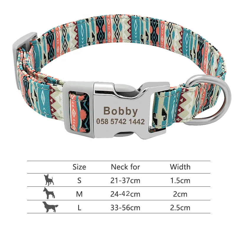NameTag personalised dog collar purple boho pattern engraved name and number