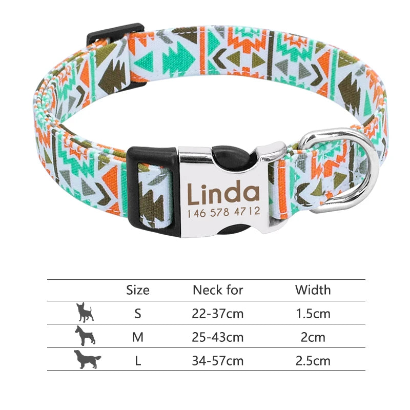 NameTag personalised dog collar blue aztec pattern engraved stainless steel buckle
