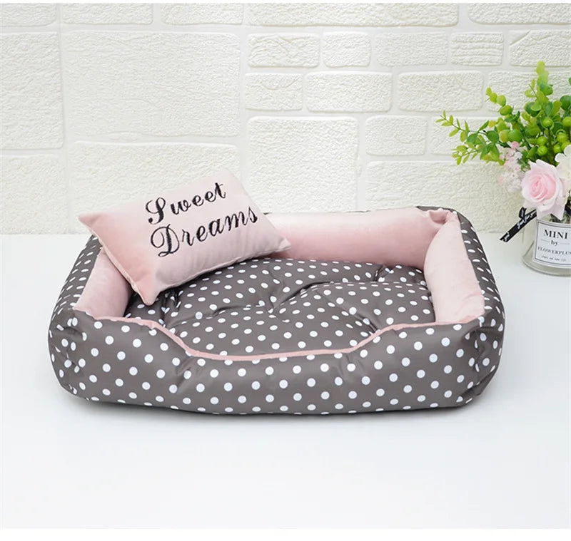 Polka Dot Plush Basket Dog Bed with Sweet Dreams Cushion, Raised Sides, 4 Colours, 3 Sizes — PoshPup DreamNook™