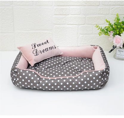 Polka Dot Plush Basket Dog Bed with Sweet Dreams Cushion, Raised Sides, 4 Colours, 3 Sizes — PoshPup DreamNook™