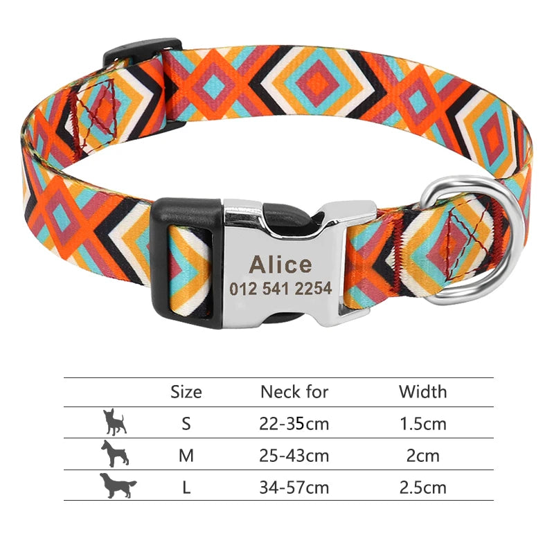 NameTag personalised dog collar boho pattern six colour options flat lay