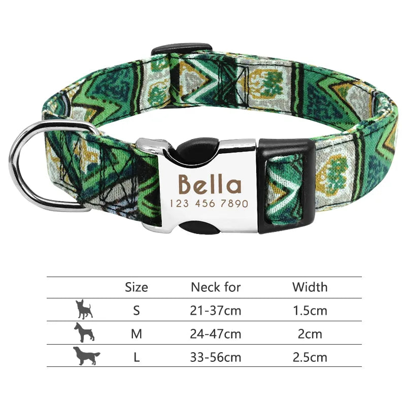 NameTag personalised dog collar green botanical pattern engraved name buckle