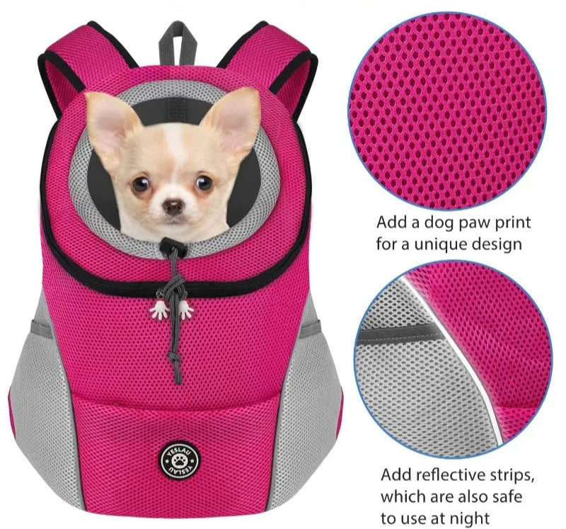 Pink dog backpack with a chihuahua inside, showing close-up details of the material and design features.