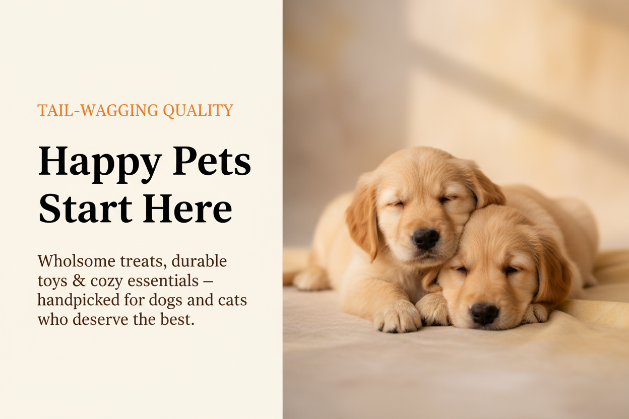 Two dogs lying on grass with a 'Happy Pets, Happy Life' text overlay.