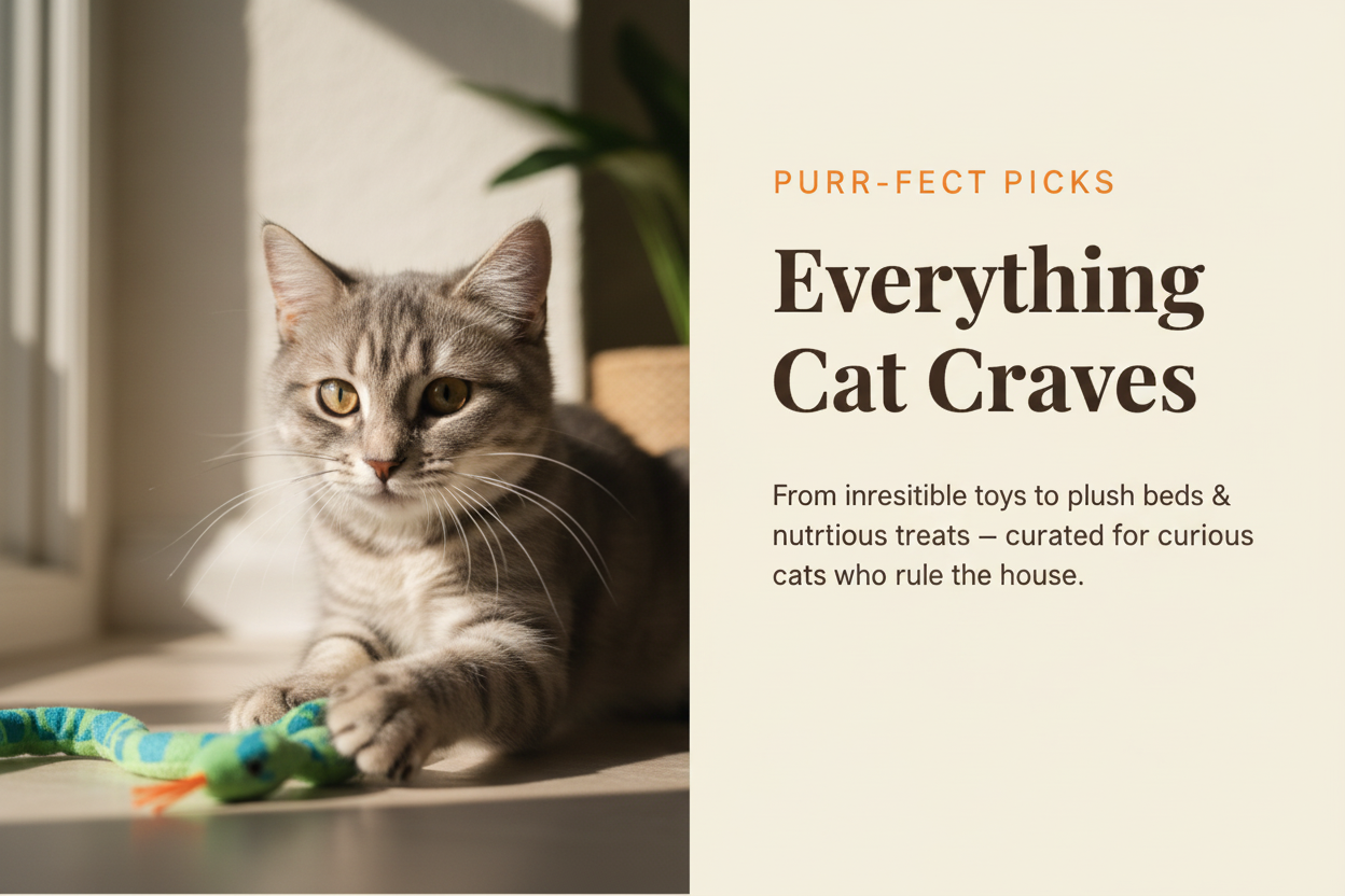 Two pets playing with a toy, with text 'Everything Your Pet Needs' on a blurred background.