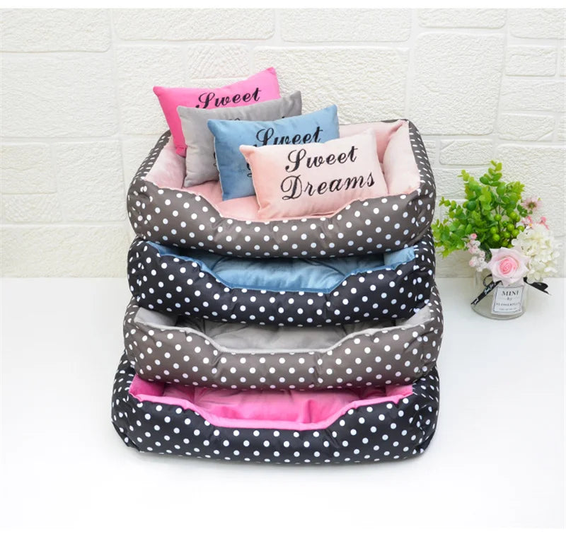 Polka Dot Plush Basket Dog Bed with Sweet Dreams Cushion, Raised Sides, 4 Colours, 3 Sizes — PoshPup DreamNook™